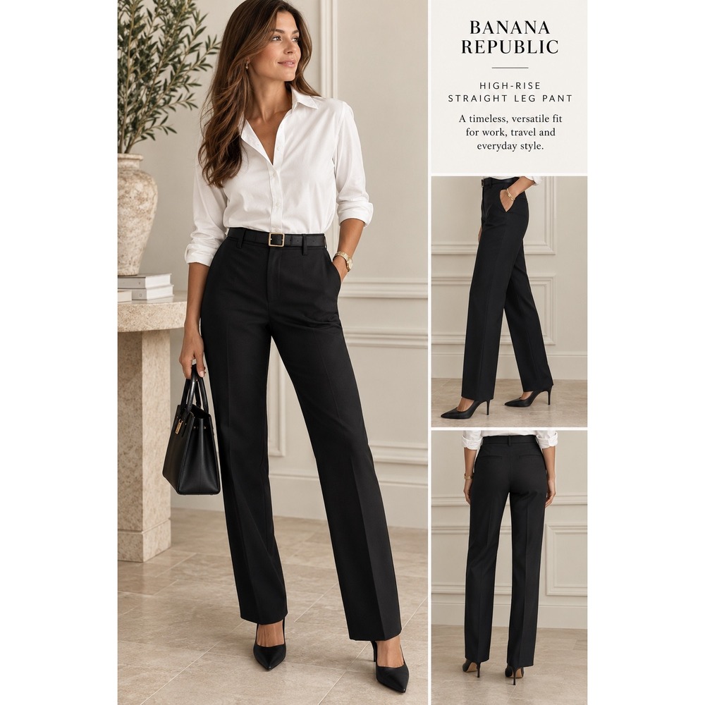Banana Republic Straight Leg Pant Women 6 Black Like New Wool High Rise Workwear